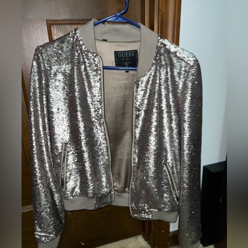 Womens guess silver sequin bomber jacket